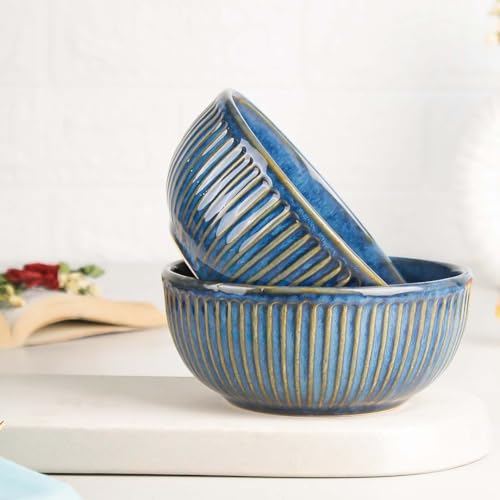 Image of The Earth Store Glam Blue 500ml Each Ceramic Bowls for Kitchen | Dishwasher & Microwave Safe | Bowl Mixing | Bowl for Snacks, Rice, Dal, Fruits, Salad, Noodles, Maggi and More Serving Bowls (Set of 2)