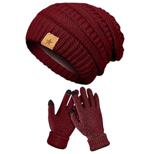 Set med stickad mössa och handskar – varm stickad vinter-set, multifunktionell vindtät keps för resor och utomhusaktiviteter, Vinrött, 1