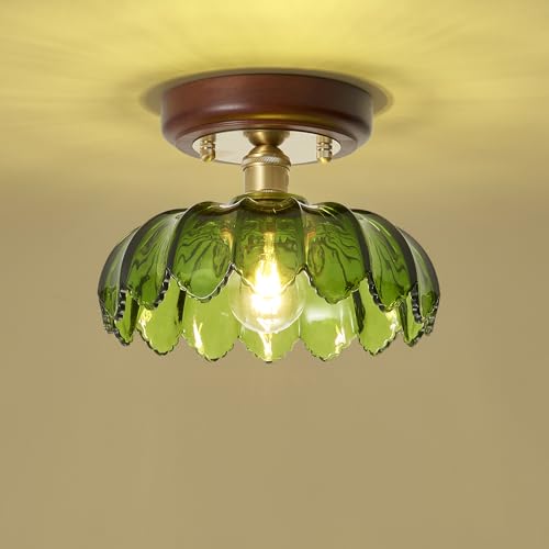 10" Green Glass Semi Flush Mount Ceiling Light Wood Copper