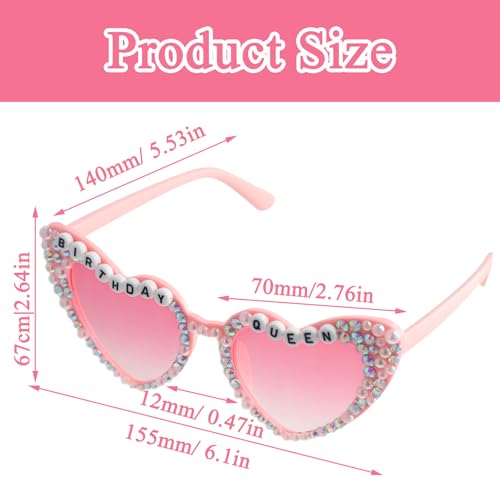 Birthday Glasses for Girls, Birthday Queen Sunglasses for Women, Pink Rhinestone Heart Shaped Party Glasses for Birthday Gifts Accessories2