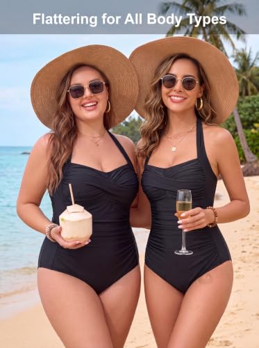 Image of Smismivo Tummy Control Swimwear Halter One Piece Slimming Vintage Retro Swimsuit Womens Ruched Push Up Bathing Suit
