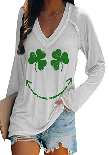 Image of BOFETA Women St Patricks Day Sweatshirts Loose Long Sleeve Shirts Green Shamrock Print Blouse Flowy Color Block Pullover Tops