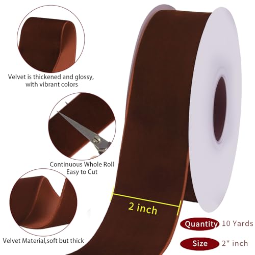 Image of Tsorode 10 Yards Black Velvet Ribbon 1 Inch for Christmas Tree,Velvet Christmas Ribbon for Gift Wrapping Crafts Bow Wreath Holiday Decorations (Brown, 2 inch-10 Yard)