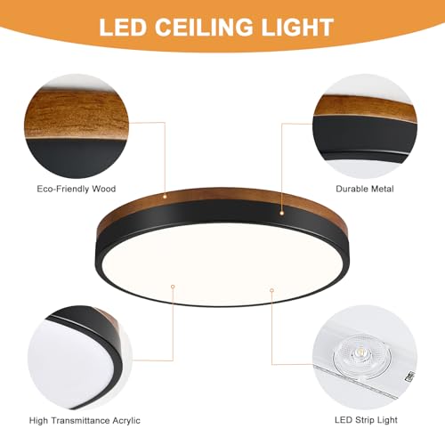Image of Modern Walnut Wood Black Flush Mount Ceiling Light 11.81 Inch