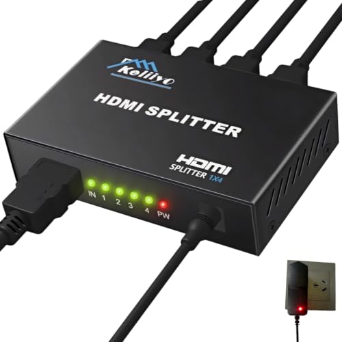 KELIIYO HDMI Splitter 1 in 4 Out V1.4b Powered HDMI Video Splitter with AC Adaptor Duplicate/Mirror Screen Monitor Supports Ultra HD 1080P 2K x4K@30Hz and 3D Resolutions (1 Input to 4 Outputs)