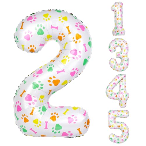 40 Inch Multi-color Dog Paw Balloons, Numeral 2 Birthday Balloons for Girls Boys Dog Paw Print Themed Birthday Party Decorations (Number 2)