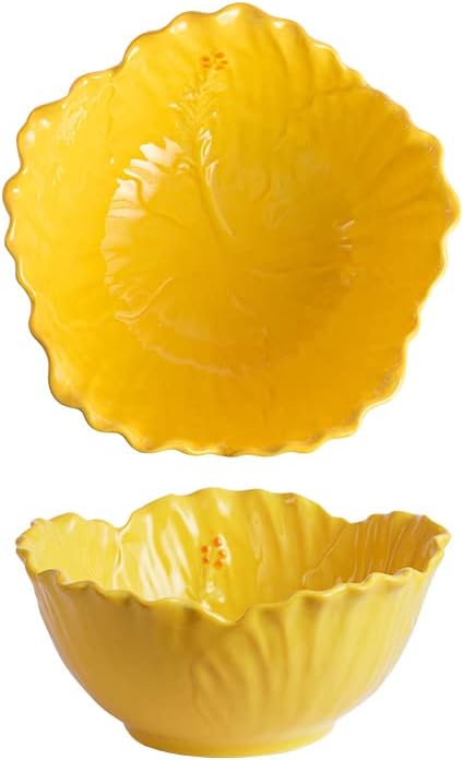 AwakingWaves Lindo cuenco de cerámica hecho a mano con diseños de hibisco para frutas, ensaladas y sopas, cuenco amarillo de caramelo esculpido en
