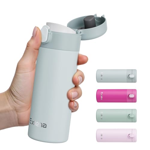 Exllena Compact Insulated Water Bottle with Push-Button Lid – 380ml Small Flask, Leakproof Mini Water Container for Coffee, Milk, Travel, School & Office Use (Grey)