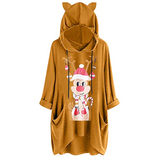 Preisvergleich Produktbild Zegeey Weihnachtskleid Damen PulloverKleider Langarm Kapuzenpullover Damen Lang Hoodie Weihnachten Druck Outwear Sportswear Locker LäSsig Langarmshirt Tumblr Tunika Bluse Oberteil(A2-Gelb,M)