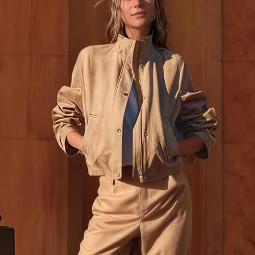 Xunger Women's Casual Faux Suede Jacket High Neck Utility Button Front Coat Streetwear Outerwear with Pockets3