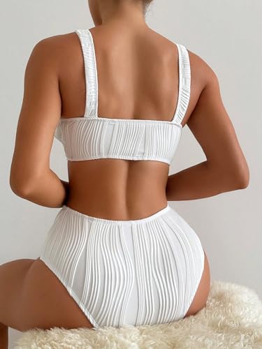 SweatyRocks Women's Textured V Neck Bikini High Waist Swimsuit Set Solid Two Piece Bathing Suit2