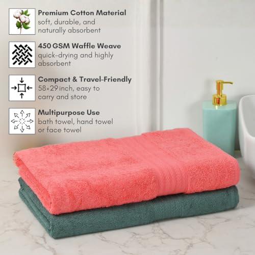 Image of Mafatlal Joy Bath Towel Large Size - Pack of 2 | 58 x 29 inch | Soft & Highly Absorbent | Quick Dry | 450 GSM | Pink N Green | Bath Towels for Men