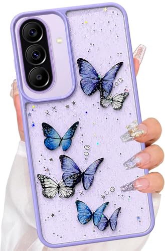 Image of VONZEE for Samsung Galaxy A37 Clear Glitter Butterfly Case, Cute Bling Sparkle Shiny Soft Silicone TPU Bumper Shockproof Women Girls Slim Protective Phone Cover for Samsung Galaxy A37, Purple