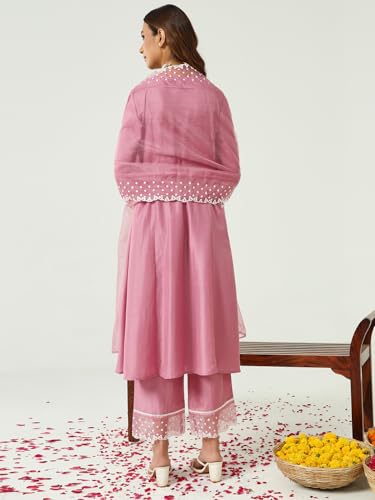 Image of FIORRA Women's Pink Silk Blend Flared Kurta & Palazzo With Dupatta