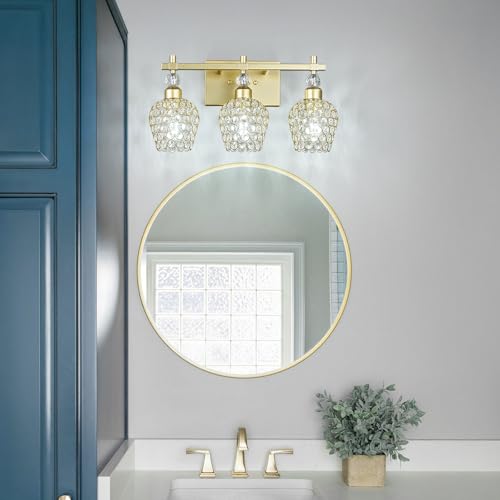 Image of Modern Crystal Bathroom Light Fixtures - Gold 3 Light Vanity Lighting with Crystal Wall Lamps Over Mirror