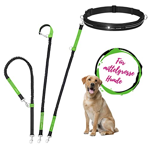 Leisegrün Joggingleine für mittelgroße Hunde | Freihandleine zum Joggen mit Bauchgurt | Länge 125 cm bis 175 cm | Farbe: Schwarz
