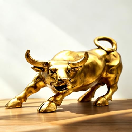 TOSPHU Brass Bull Statue Wall Street Bull Figurine Art Decor for Home Office - Bronze Cow Ox Sculpture Symbol of Career and Wealth