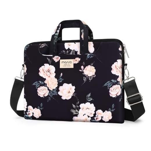 MOSISO Laptop Shoulder Bag Compatible with MacBook Pro/Air 13 inch, 13-13.3 inch Notebook Computer, Camellia Carrying Briefcase Sleeve with Trolley Belt, Black