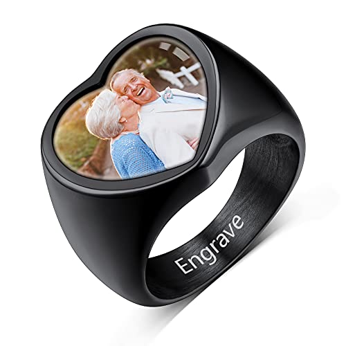 Custom4U Personalized Rings with Pictures Inside Custom Photo Ring Name Engraving Stainless Steel Signet Ring/Heart Ring Size 7-14 Customized Memorial Jewelry for Men Women (Gift Box) E-Hear