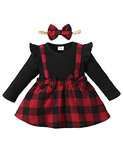 HIGHUZZA 0-3 Month Baby Girl Clothes Newborn Dress Infant Romper Fall Outfits Winter Jumpsuit Girl's Clothing Overall Plaid Stripes Girl Skirt Set with Headband Black