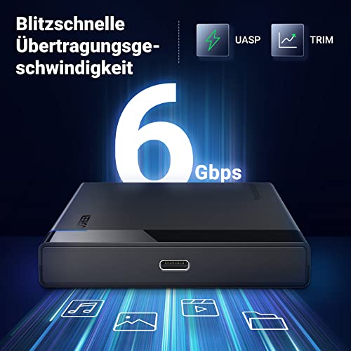 UGREEN Festplattengehäuse 2,5 Zoll Externes Gehäuse für 2.5 Zoll SSD und HDD, UASP unterstützt, werkzeugfreie Montage, USB C 3.2 Gen 2 auf SATA III bis zu 6 Gbps SATA Gehäuse mit USB C 3.1 Kabel