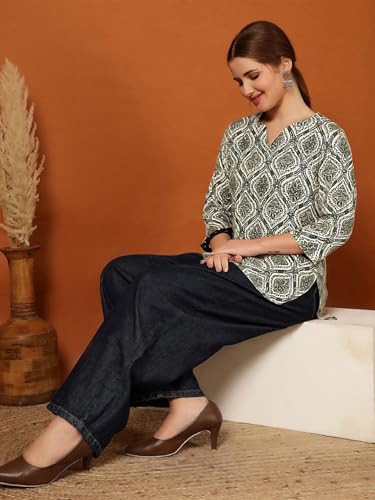 Image of Pinkmint Women's Cotton Blend Printed Short Kurti, Hip-Length Ethnic Tunic for Women, 3 /4 Sleeve Notch Neck, Casual, Office (Available in Plus Sizes & Combo Pack 2)