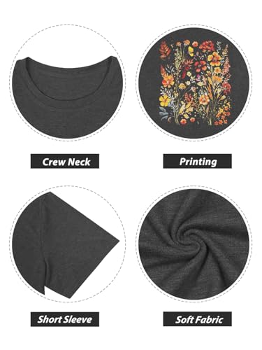 GEMLON Women's T Shirts Vintage Flowers Short Sleeve Tees Casual Loose Graphic Tops Boho Floral Shirts for Women Dark Grey XXL — view 5