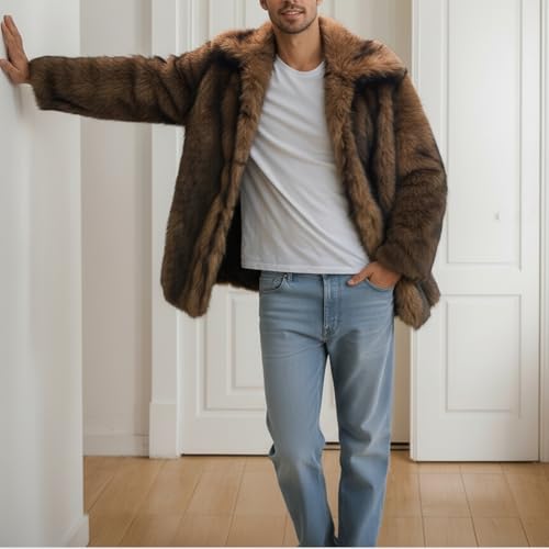Image of Colf Men's Winter Parka Coat Lapel Faux Fur Jacket | Mens Faux Fur Coat, Long Sleeve, Fluffy Overcoat, Winter Jacket