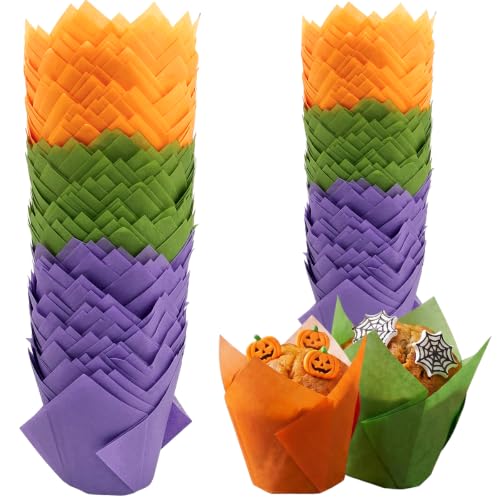 Image of 150 Pieces Tulip Cupcake Muffin Liners Paper Baking Cups Greaseproof Cupcake Wrappers for Halloween Birthday Wedding Party Baby Showers Catering Restaurants(Purple /Green /Orange)