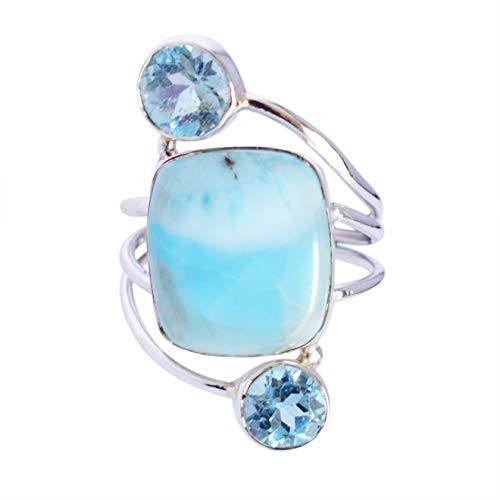 Anillo de Larimar y Topacio Azul en Plata 925 Maciza Hecho a Mano