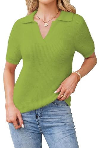 Image of Cakulo Womens Fuzzy Cropped Short Sleeve V Neck Fall Sweaters Polo Collared Knit Pullover Sweater Bright Green L