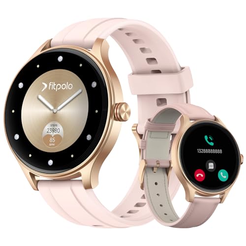 Fitpolo Smart Watches for Women (2 Bands), 40mm Stylish Round Smartwatch, IP68 Waterproof Fitness Tracker with Bluetooth Calls (Make/Answer), Heart Rate/SpO2/Sleep Monitor, 7 Days Battery - Pink