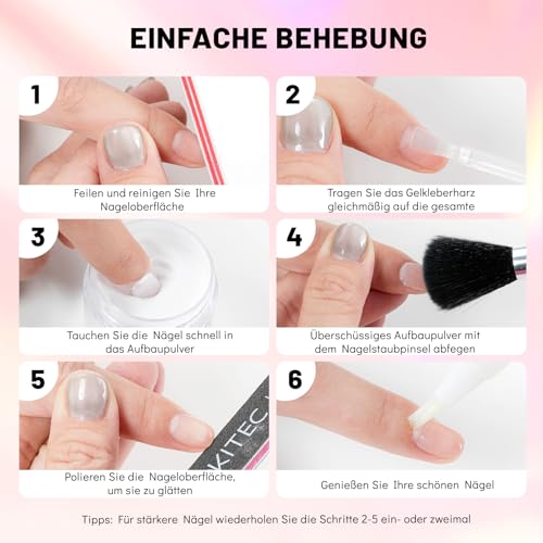 Aokitec 28g Dipping Build Powder Nails Set mit Nail Repair Glue | Nagel Aufbau Powder Nagelhärter für Broken Cracked Spilt Weak Nails | Nagelpflege Set | Nagelpflegeprodukte | Quick Air Dry Nail Care