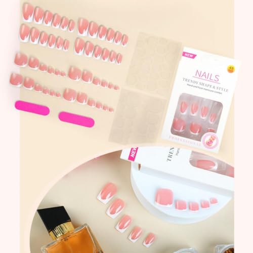 Image of 48 Pcs White French Tip Press on Nails & Press on Toenails Set Short Square Fake Nails Summer Nail Glossy Glue on Toes Artificial Acrylic Full Cover Stick on Nails for Women Summer Manicure