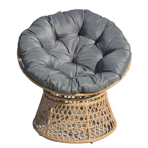 home24 Papasansessel, runder Gartensessel drehbar mit Kissen, Rattansessel, Rattan-Optik aus Polyrattan & Polyester, mit Stahlgestell, Korbsessel, Wetterfest & pflegeleicht, Grau/Braun