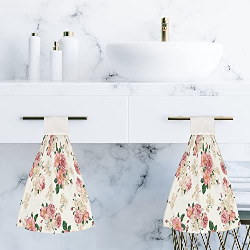 Longlugoo Vintage Pink Rose Flowers Hanging Kitchen Dish Towel 2 Pack Hand Towels Soft Coral Velvet Decorative Hand Towels With Loop For Bathroom Tie Towel Absorbent Dish Towels #TOP5