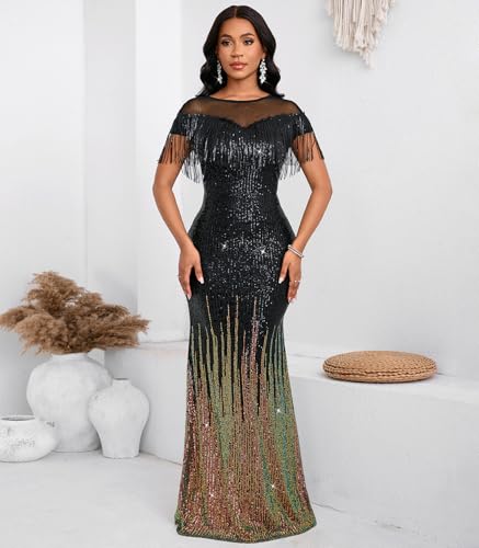Image of Cololura Sexy Sequin Tassel Mesh Perspective Party Cocktail Bodycon Evening Club Maxi Dress