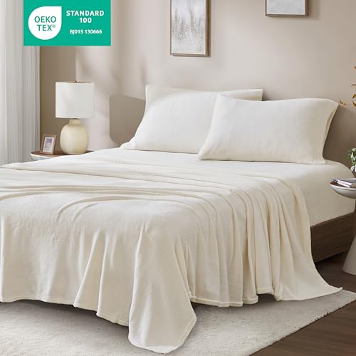 Image of True North by Sleep Philosophy Plush Sheet Set Twin, Solid Color, Warm & Soft Bedding Twin Size Sheets, Fitted Pocket Fits Up to 16 inch Mattress, Soloft, Ivory, 3 Piece