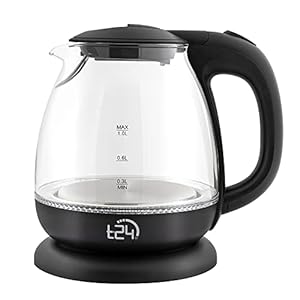 T24 PREMIUM Glas Wasserkocher mit LED , klein und kompakt Wasserkocher 1100 Watt 1 Liter GS und TÜV zertifiziert schwarz…
