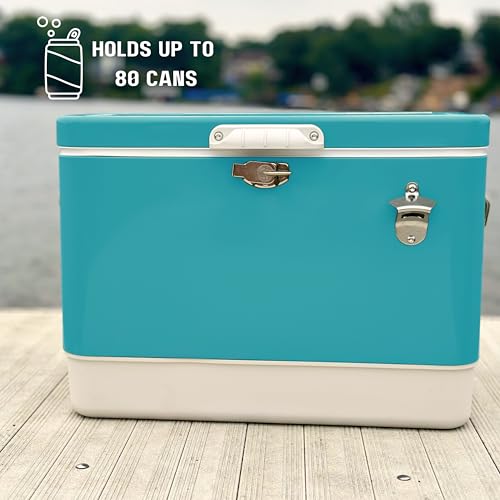 Image of FSE Hard-Sided 54 Qt. / 80 Can Metal Cooler | Durable outdoor beverage cooler with latch closure, bottle opener and side handles. Ideal for picnic or tailgate use