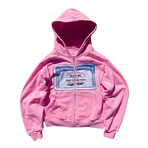 GGOOB Zip up Hoodie Y2k Unisex Oversized Graphic Hoodies Grunge Jackets Streetwear Vintage 2000s Emo Clothes (Pink,S,Small)