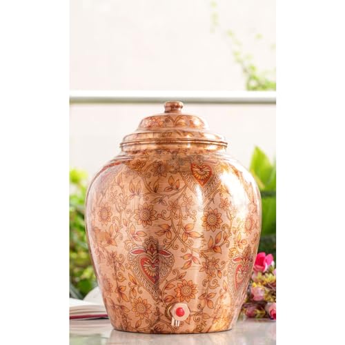 Image of Indian Art Villa Printed Leaf Design Copper Water Dispenser Pot Matka, Storage, Home Kitchen Garden, 13 LTR