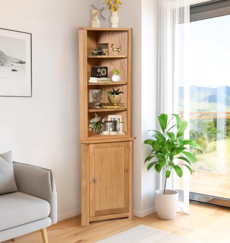 Hallowood Furniture Waverly Corner Cupboard and Top, Solid Oak Storage Cabinet with 5 Adjustable Shelves & Cupboard, Ideal Corner Cabinets for Living Room, Kitchen Oak Furniture