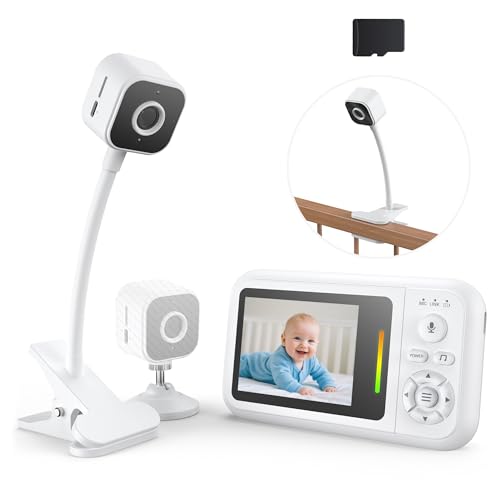 Baby Monitor with Camera and Night Vision - 1080P HD Baby Camera Monitor with Cot Clip & Holder, No WiFi, Secure 2.4GHz, Cry Detection, 4X Zoom, Reminder, Temp Sensing & Lullabies, SD Card Included