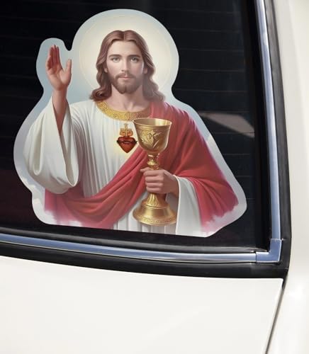 Image of Jesus Christ Sticker - Sacred Heart of Jesus Vinyl Decal, God Catholic Religious Stickers for Car Bumper, Our Lord with Cross Design (3x3)