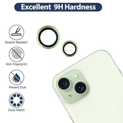 Image of Camera Lens Protector for Apple iPhone 15 | 9H Hardness, Full Coverage Camera Metal Ring Ultra-Thin /Clear (Green)
