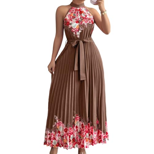 Women's Brown Summer Halter Maxi Dress A-Line Sleeveless Empire Waist