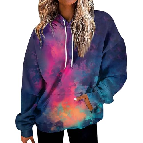 Womens Hooded Sweatshirt Tie Dye Gradient Sweatshirts Baggy Outdoor Sports Drawstring Pullover Hoodies For Women Comfy Sweater Long Sleeve Casual 2025 Fashion Fall Winter Clothes Blue M