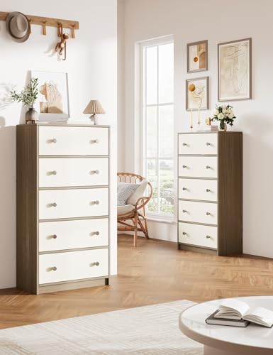 Nicehill Light Wood Grain & White Fabric Dresser with 5 Drawers