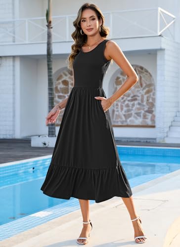PLMOKEN Sommerkleider Damen Strandkleid Maxikleid - Lang Freizeitkleid Ärmellos leicht und luftig Leicht und Luftig Rundhals Geblümtes Tank Top Kleid 2